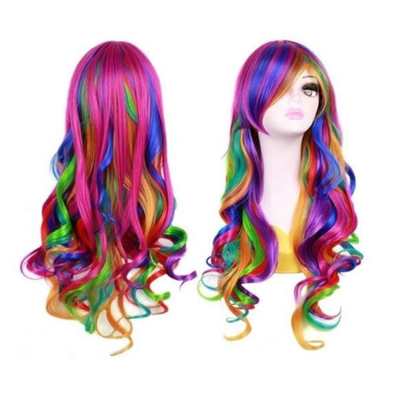 Women Long 27.56\'\'/70cm Rainbow Curly Wig, Colorful Wavy Cosplay Heat main image 8
